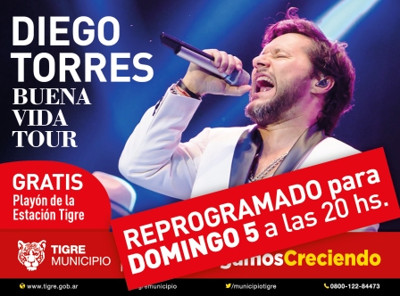 Se reprogramó para el domingo el recital de Diego Torres en Tigre Se reprogramó para el domingo el recital de Diego Torres en Tigre