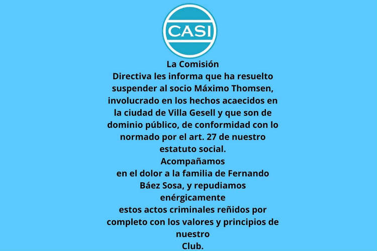El club CASI suspendió a Máximo Thomsen imputado por el asesinato de Fernando Baez Sosa.