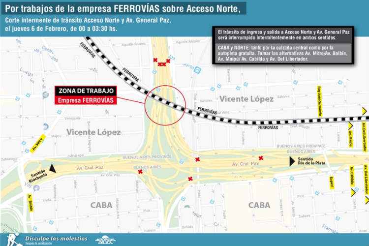 Este jueves será interrumpido el tránsito de ingreso y egreso a Acceso Norte y Av. General Paz