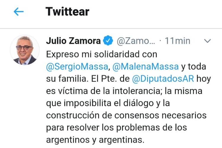 Julio Zamora expresó su solidaridad con Sergio Massa y su familia Julio Zamora expresó su solidaridad con Sergio Massa y su familia