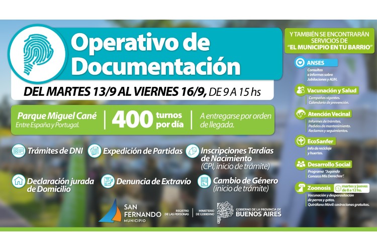 Hasta el viernes: operativo de Documentación en San Fernando con servicios municipales 
